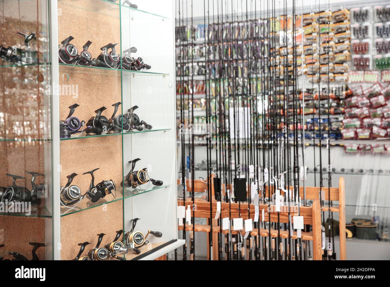 Fishing equipment in sports shop. Recreational activity Stock Photo - Alamy