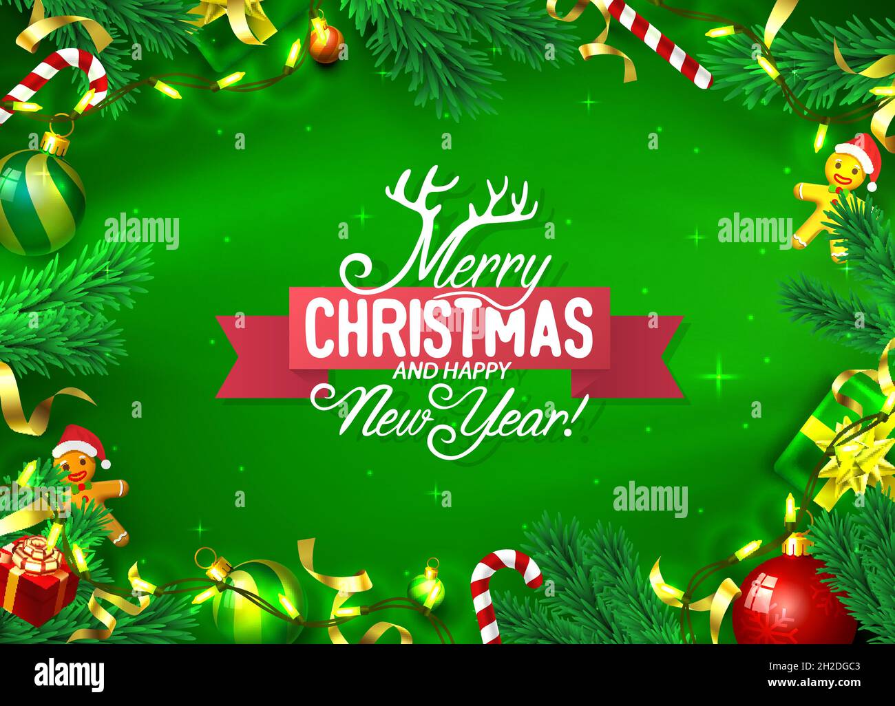 Merry Christmas Happy New Year tree with toys, card banner. Vector ...