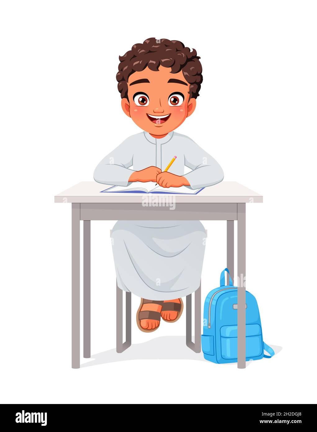 Happy Arab boy sitting at desk. Cartoon vector illustration. Stock Vector