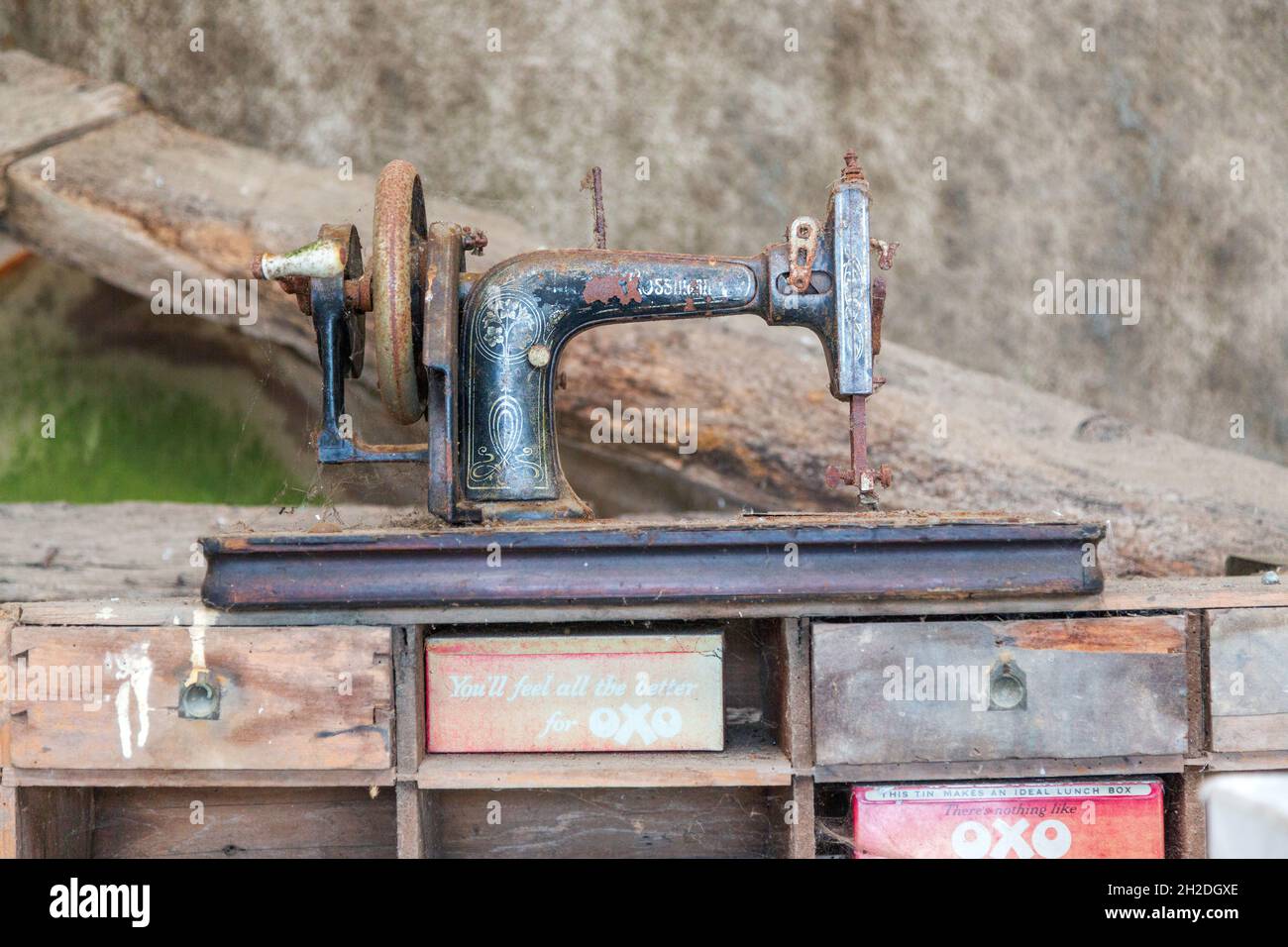 Old sewing maching, High Bickington.Devon Stock Photo