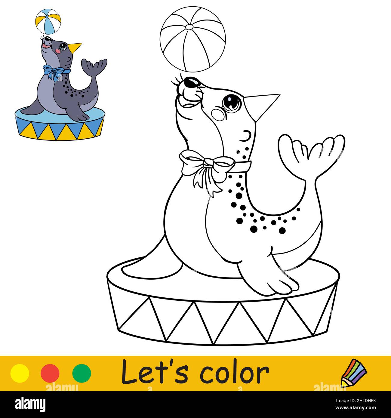 Cute funny circus navy seal throws the ball. Coloring book page with colorful template for kids. Vector cartoon illustration. For coloring, print, gam Stock Vector