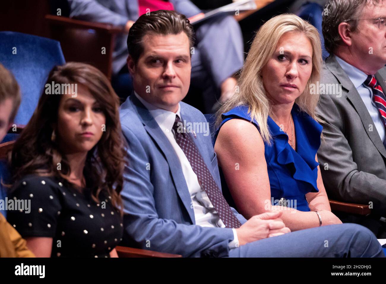 Washington, USA. 21st Oct, 2021. (L to R); Republican Representative from Colorado Lauren Boebert, Republican Representative from Florida Matt Gaetz and Republican Representative from Georgia Marjorie Taylor Greene attend the House Judiciary Committee oversight hearing of the United States Department of Justice with testimony from US Attorney General Merrick Garland (not pictured), on Capitol Hill in Washington, DC, USA, 21 October 2021. (Photo by Pool/Sipa USA) Credit: Sipa USA/Alamy Live News Stock Photo