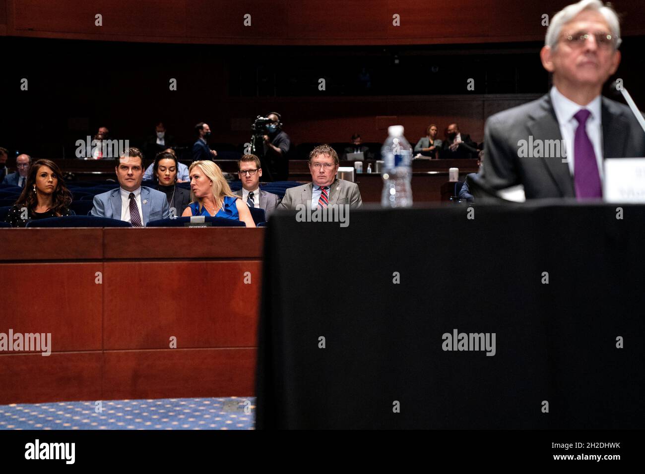 Washington, USA. 21st Oct, 2021. Reps. Lauren Boebert (R-Colo.), Matt Gaetz (R-Fla.), Marjorie Taylor Greene (R-Ga.) and Thomas Massie (R-Ky.) are seen during a House Judiciary Committee oversight hearing of the Department of Justice on Thursday, October 21, 2021 at Capitol Hill in Washington, DC (Photo by Greg Nash/Pool/Sipa USA) Credit: Sipa USA/Alamy Live News Stock Photo