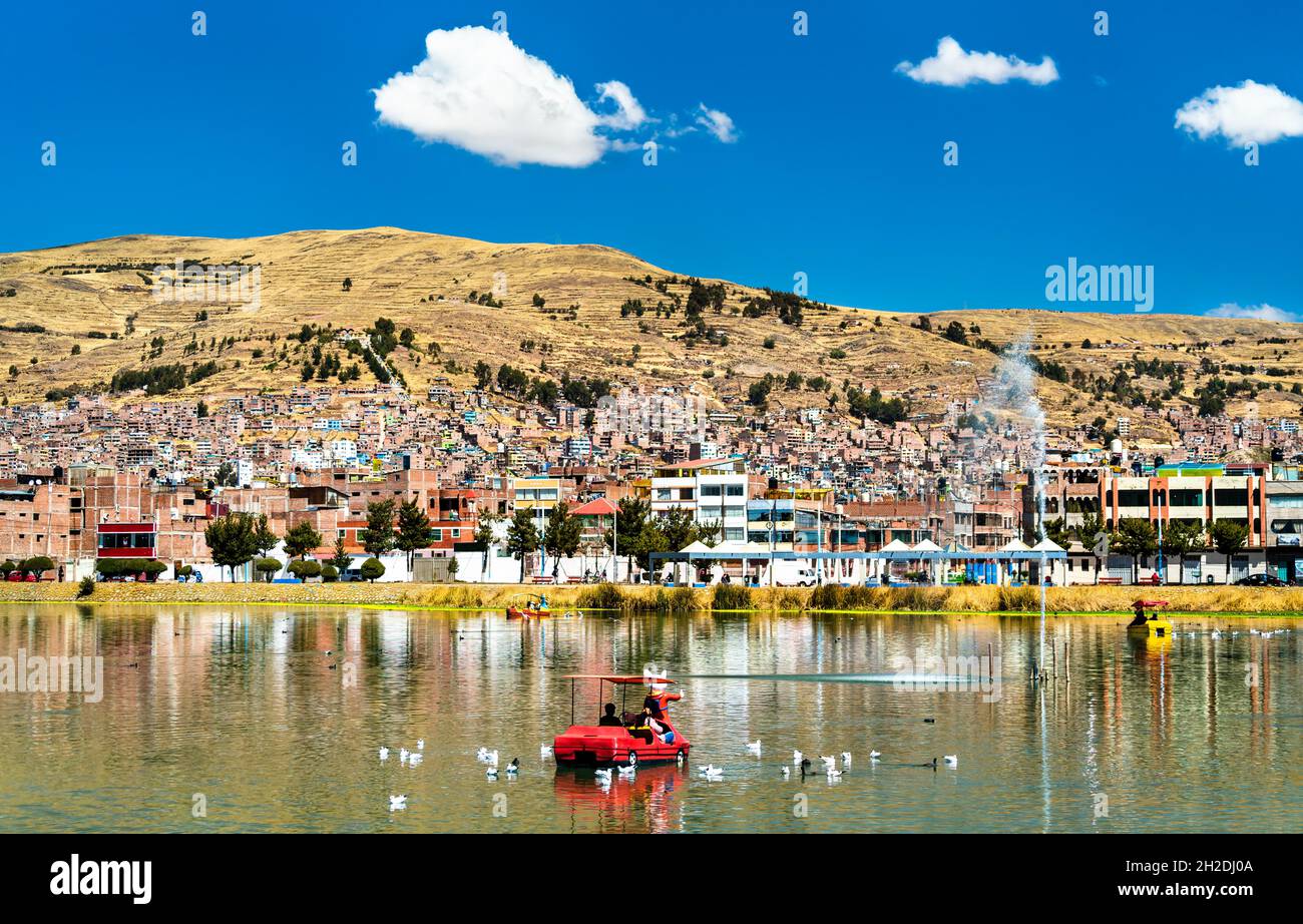 View of Puno from Lake Titicaca in Peru Stock Photo