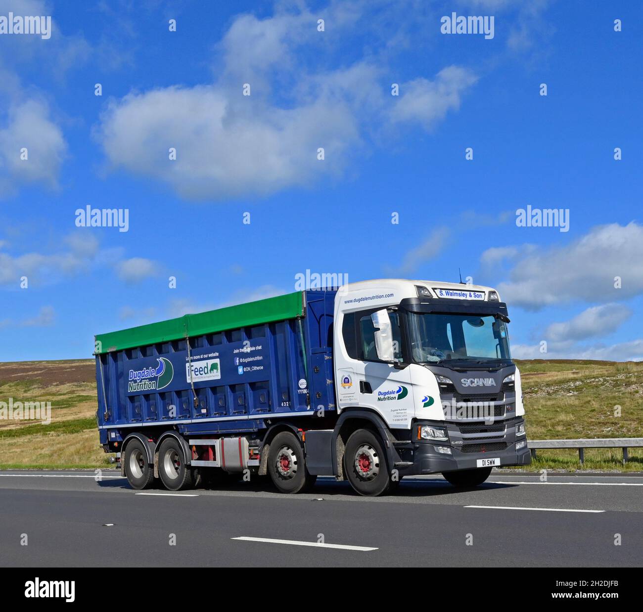 HGV. Dugdale Nutrition.  M6 Motorway, Southbound. Shap, Cumbria, England, United Kingdom, Europe. Stock Photo