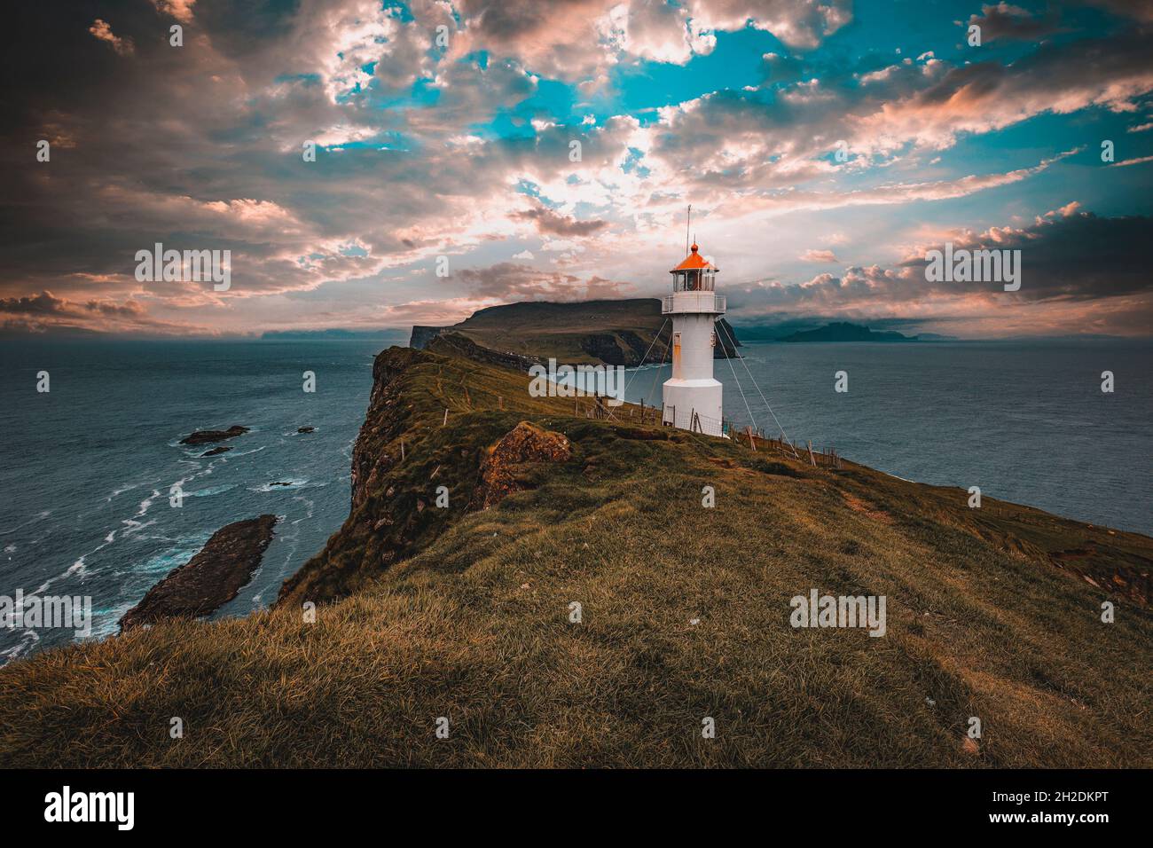 lighthouse at mykines in the faroe islands Stock Photo