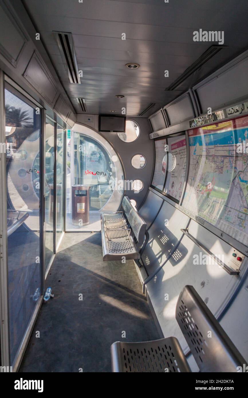 DUBAI, UAE MARCH 12, 2017 Air conditioned bus stop in Dubai, United