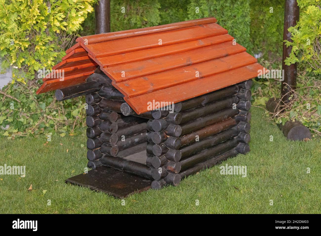 Wood Log Cabin Large Dog House With Roof Stock Photo
