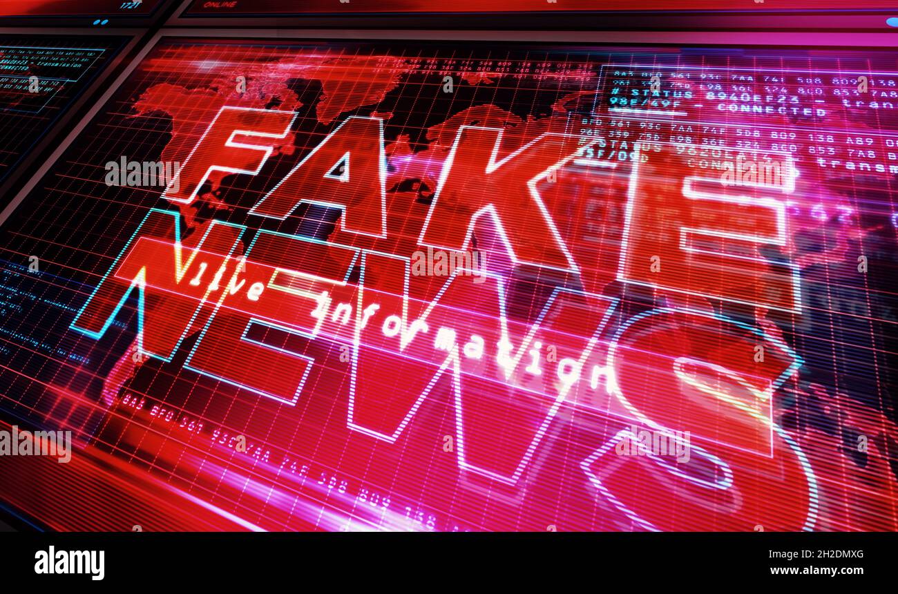 Fake news on computer screen. Broadcast, trolling, false information