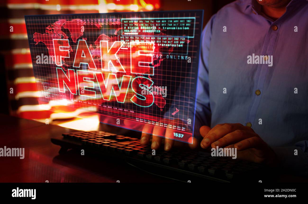 Fake news on computer screen. Broadcast, trolling, false information, hoax, propaganda, information and disinformation abstract concept 3d with glitch Stock Photo