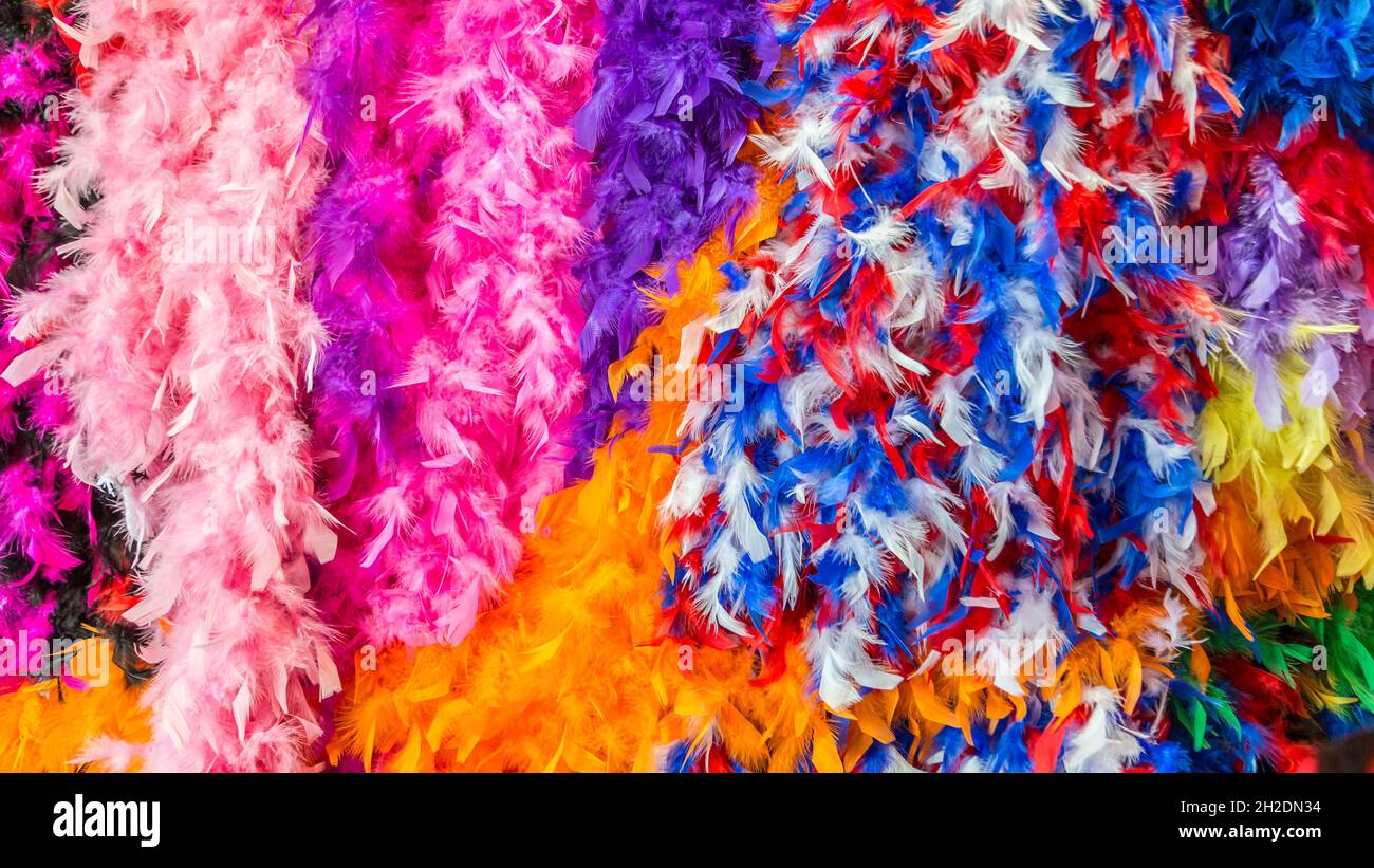 Colorful feather boas for sale in the French Quarter of New Orleans, Louisiana Stock Photo