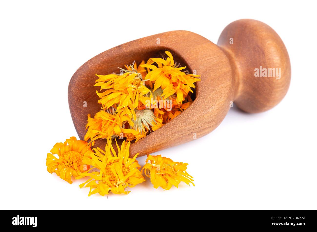 Dried calendula flowers in wooden scoop, isolated on white background ...