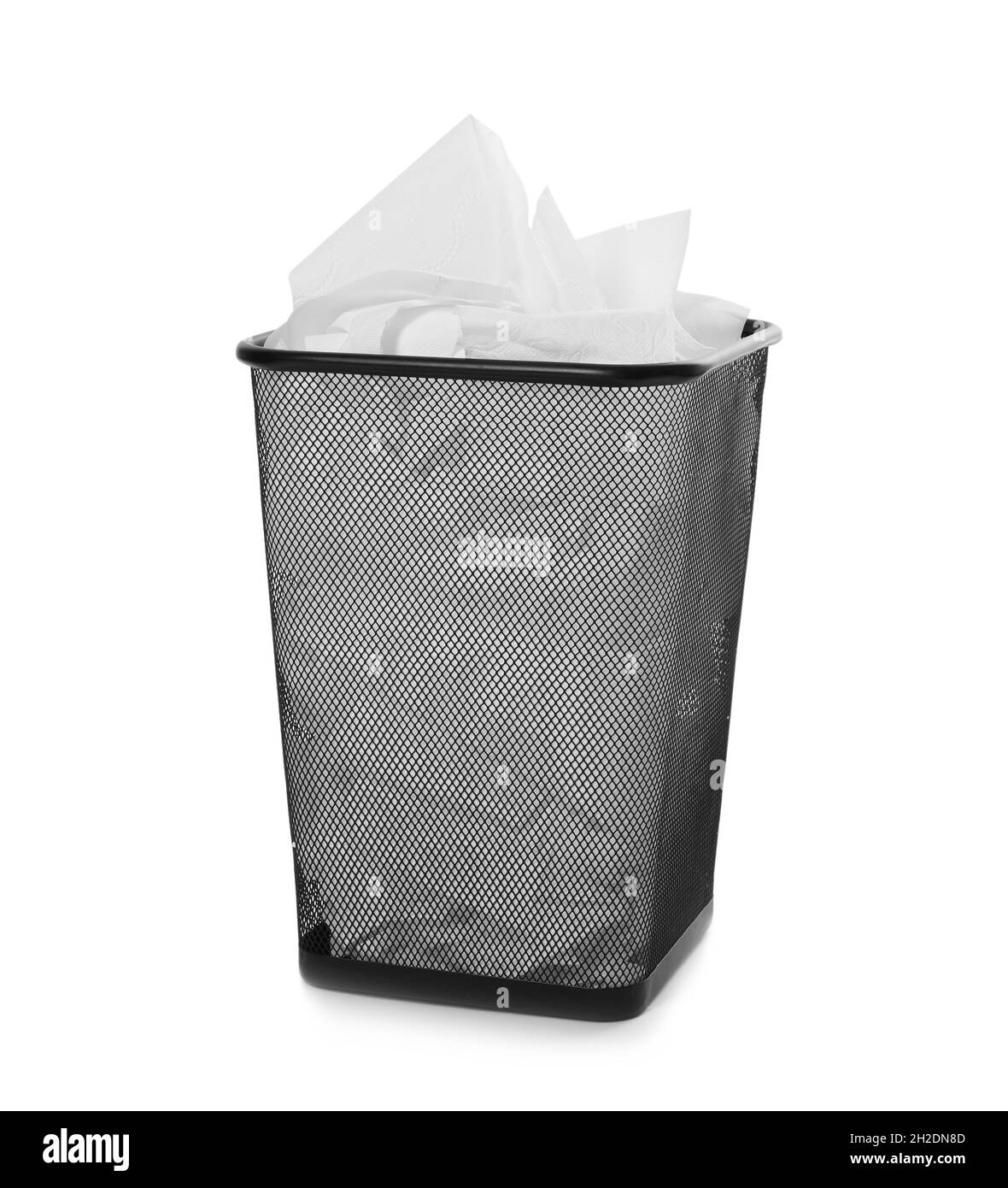 Trash bin with used toilet paper on white background Stock Photo Alamy