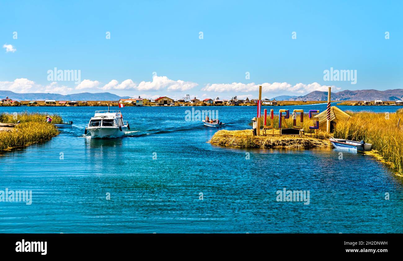 Entry to Uros Floating Islands on Lake Titicaca in Peru Stock Photo