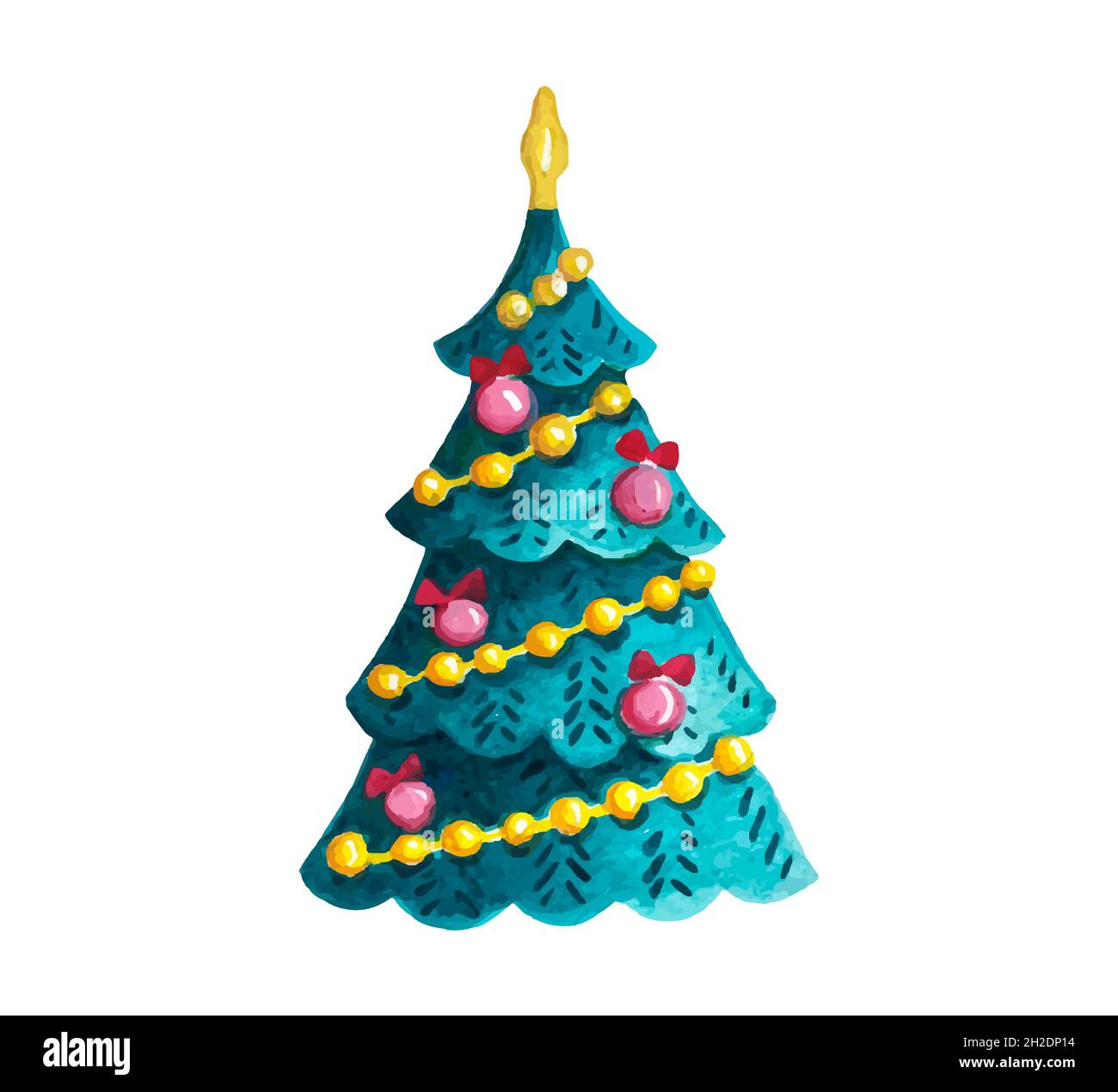 The tree is decorated with a garland, balls, beads. Vector, watercolor Stock Vector