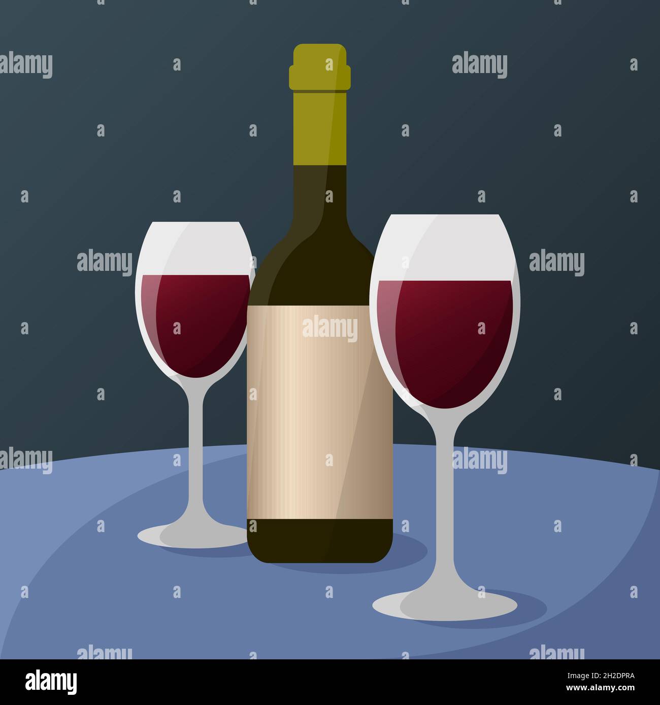 Two glasses with wine and a bottle are on the table Stock Vector