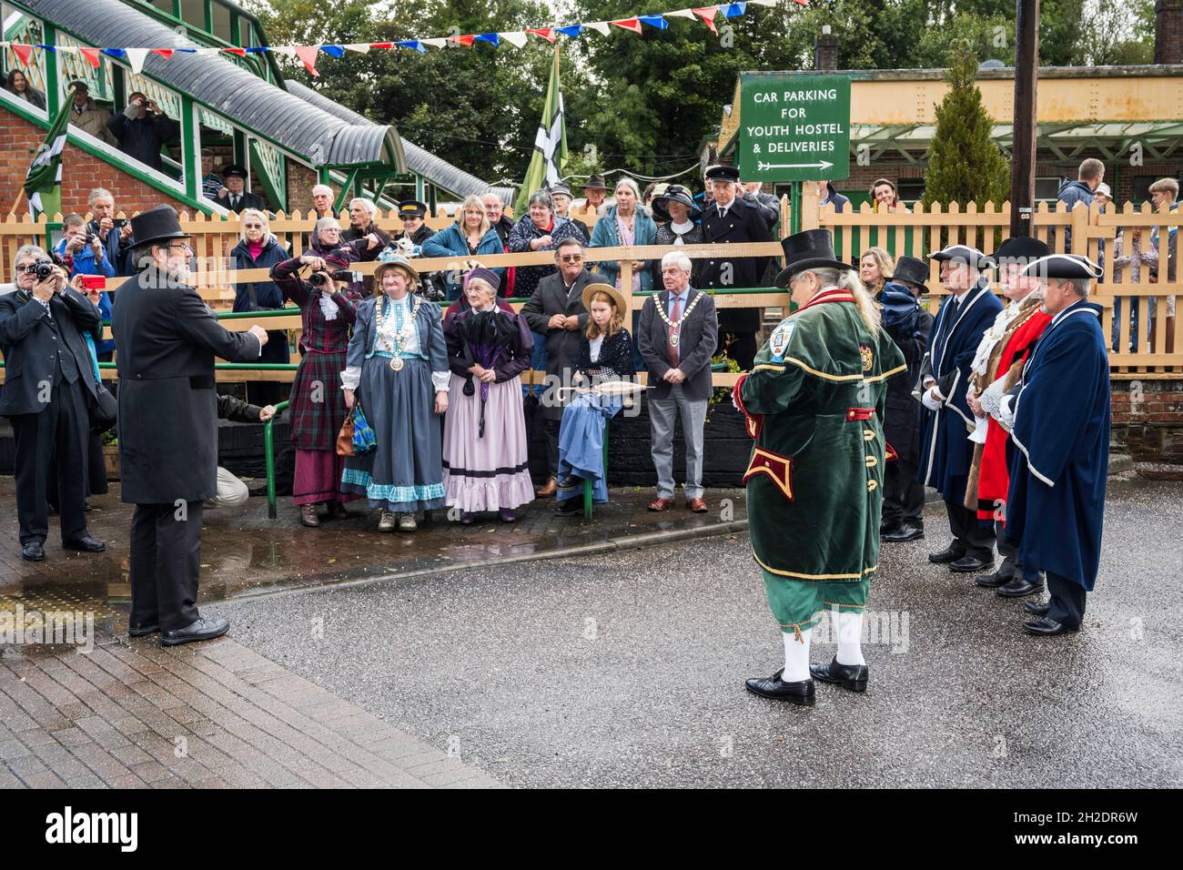 Costumed celebration marking 150 years of rail in Okehampton, Devon, with the town mayor and dignitaries recreating the day the railway first came. Stock Photo