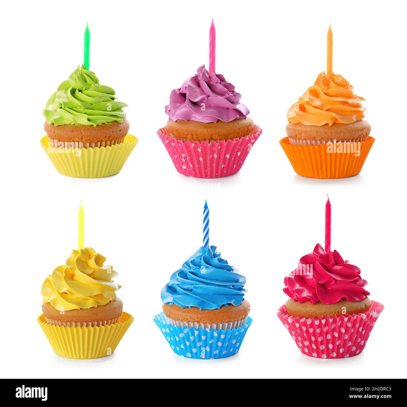 Set With Birthday Cupcakes And Candles On White Background Stock Photo Alamy