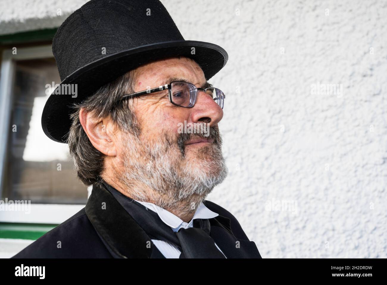 Costumed celebration marking 150 years of rail in Okehampton, Devon. Victorian stationmaster William Hodge, played by Clive Charlton. Stock Photo