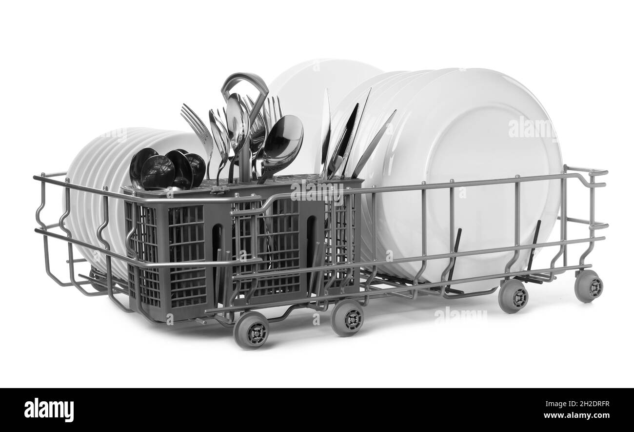 Rack with clean dishes and utensils on white background Stock Photo Alamy