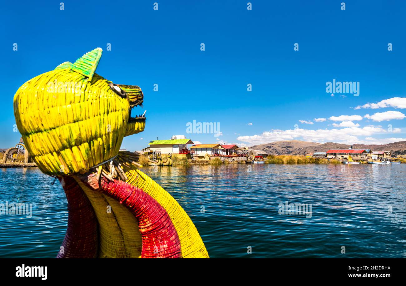 Reed boat on Lake Titicaca in Peru Stock Photo