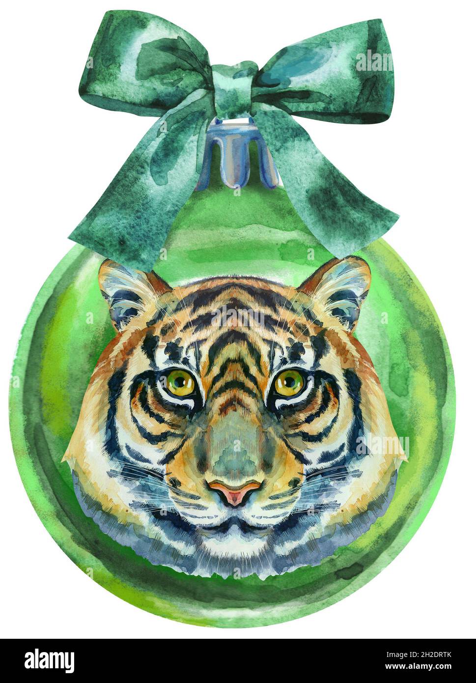 Watercolor Christmas green ball with bow and tiger isolated on a white ...