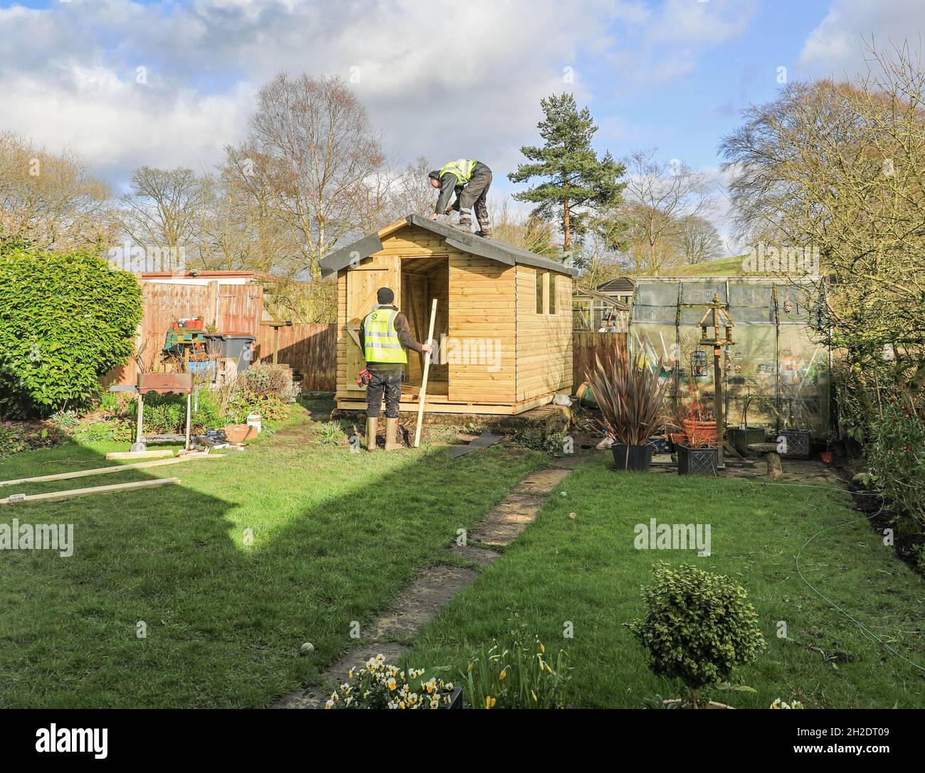 Workers from Solid Sheds Ltd erecting a wooden shed in a domestic