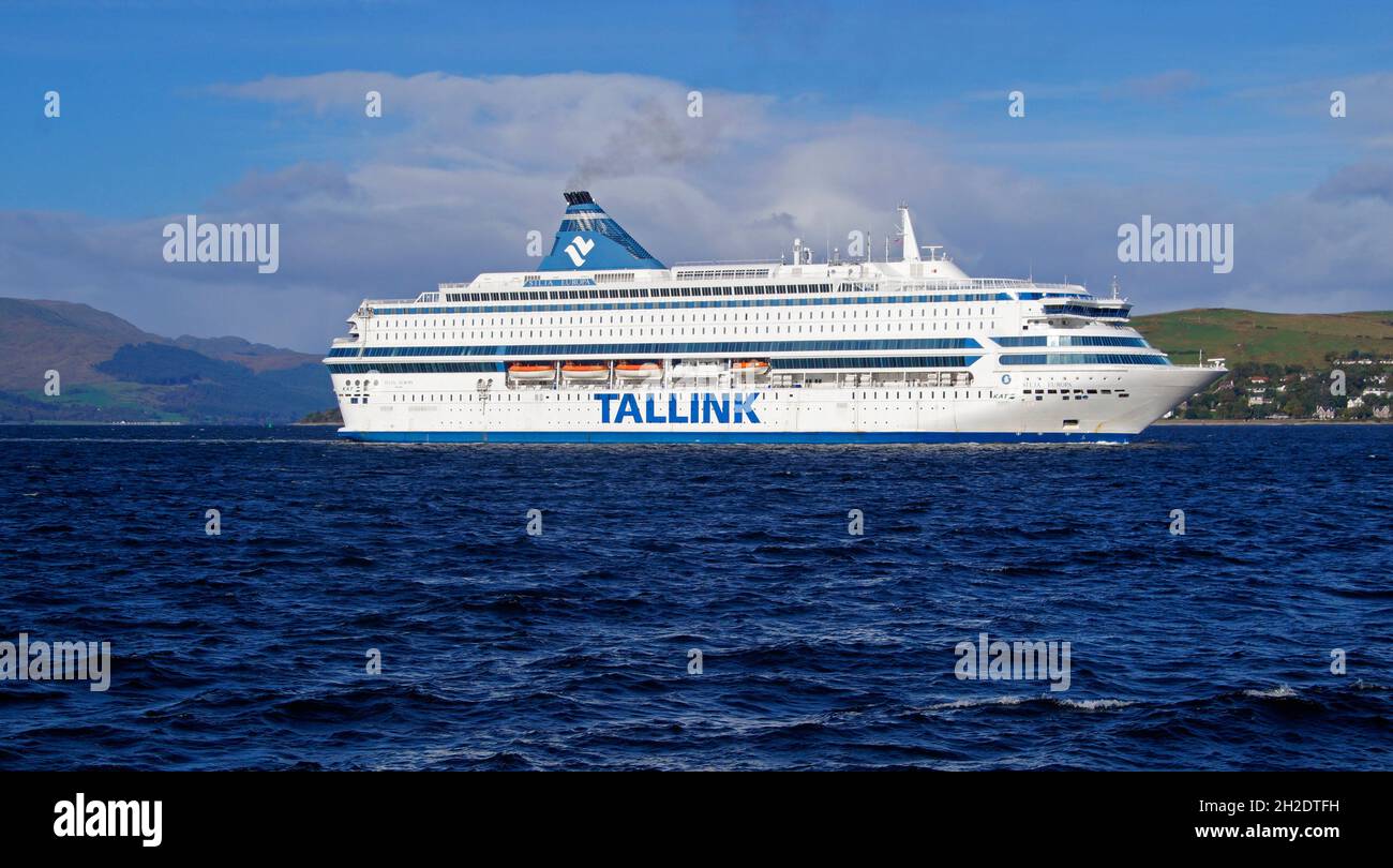 Tallink owned Silja Europa passes Greenock on the Firth of Clyde on 21 October to provide accomodation for participants in COP26 in Glasgow Scotland Stock Photo