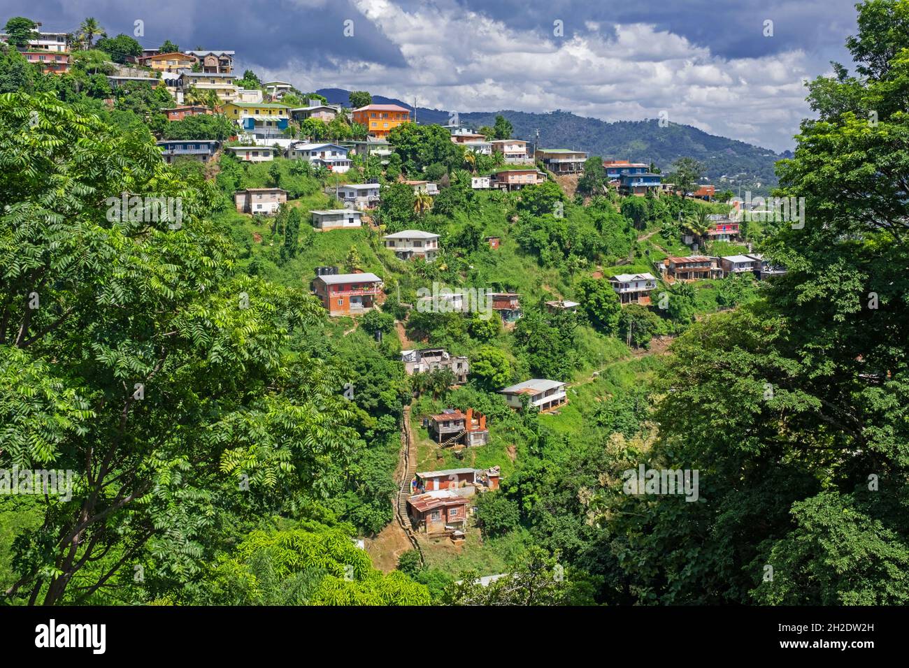 Aerial view over houses on hillside near of Port of Spain, capital city