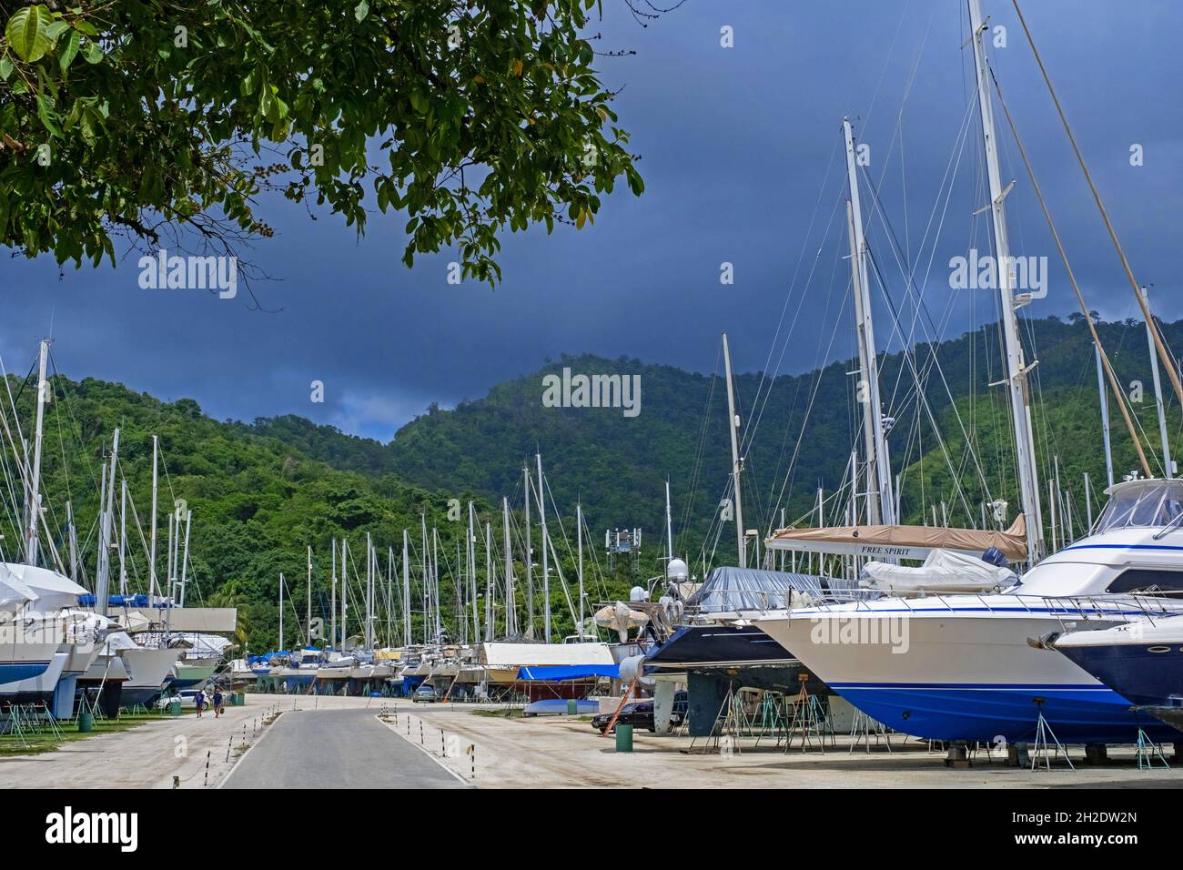 Yachts and sailing boats on dry dock in the harbour of Chaguaramas near Port of Spain during hurricane season, Trinidad and Tobago in the Caribbean Stock Photo