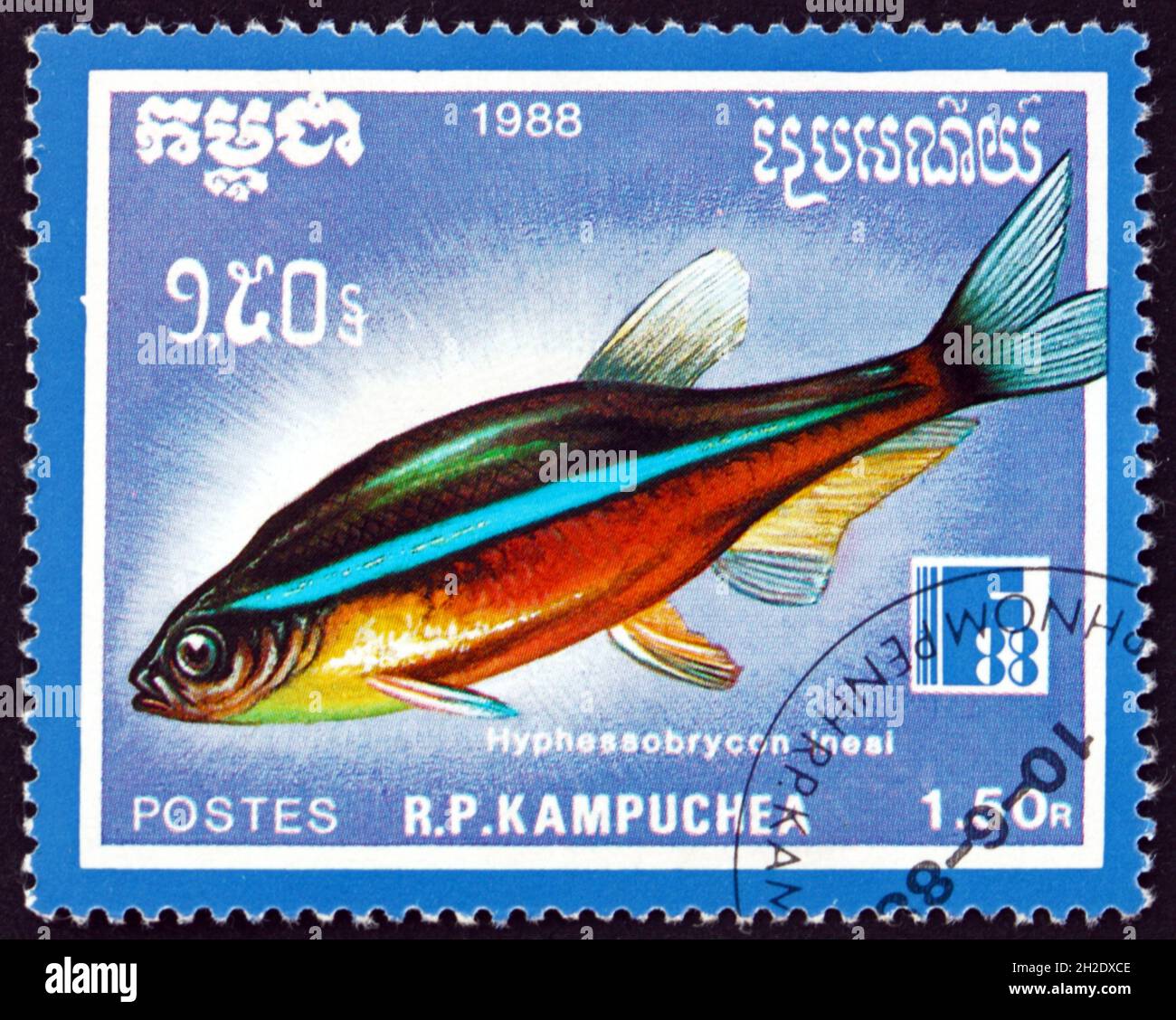 CAMBODIA - CIRCA 1988: a stamp printed in Cambodia shows neon tetra, hyphessobrycon inesi, is a freshwater fish, circa 1988 Stock Photo