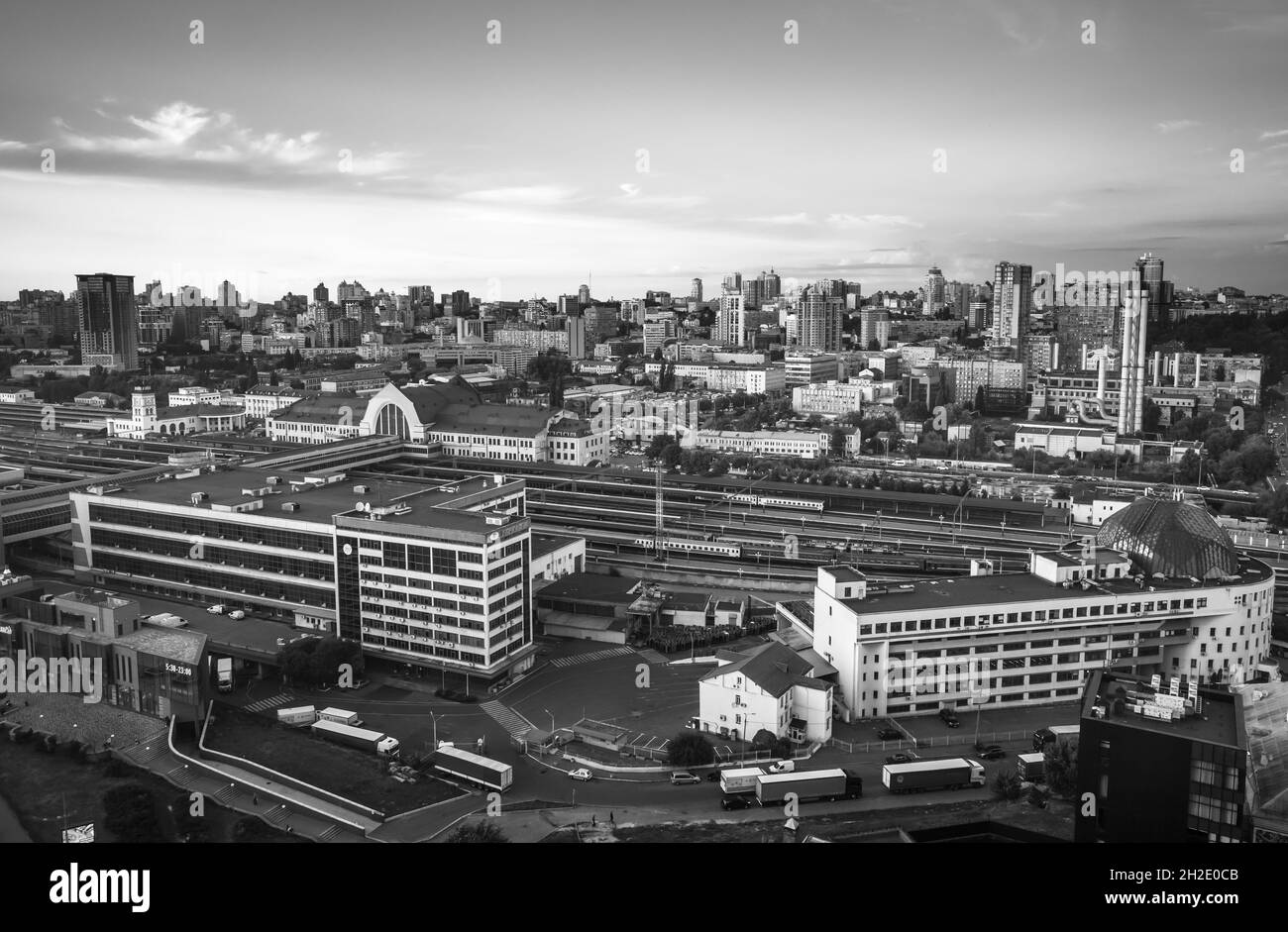 KYIV, UKRAINE - Aug. 25, 2021: Aerial view of Kyiv city skyline, Kyiv downtown cityscape, capital of Ukraine. Central Railway Station. Top view panora Stock Photo