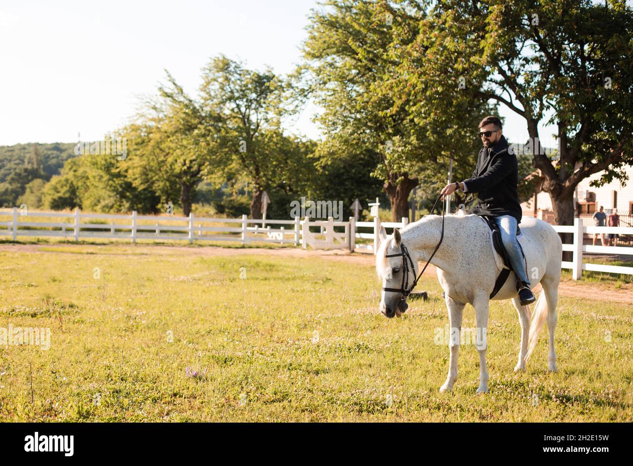The young man is riding a horse on a farm Stock Photo - Alamy