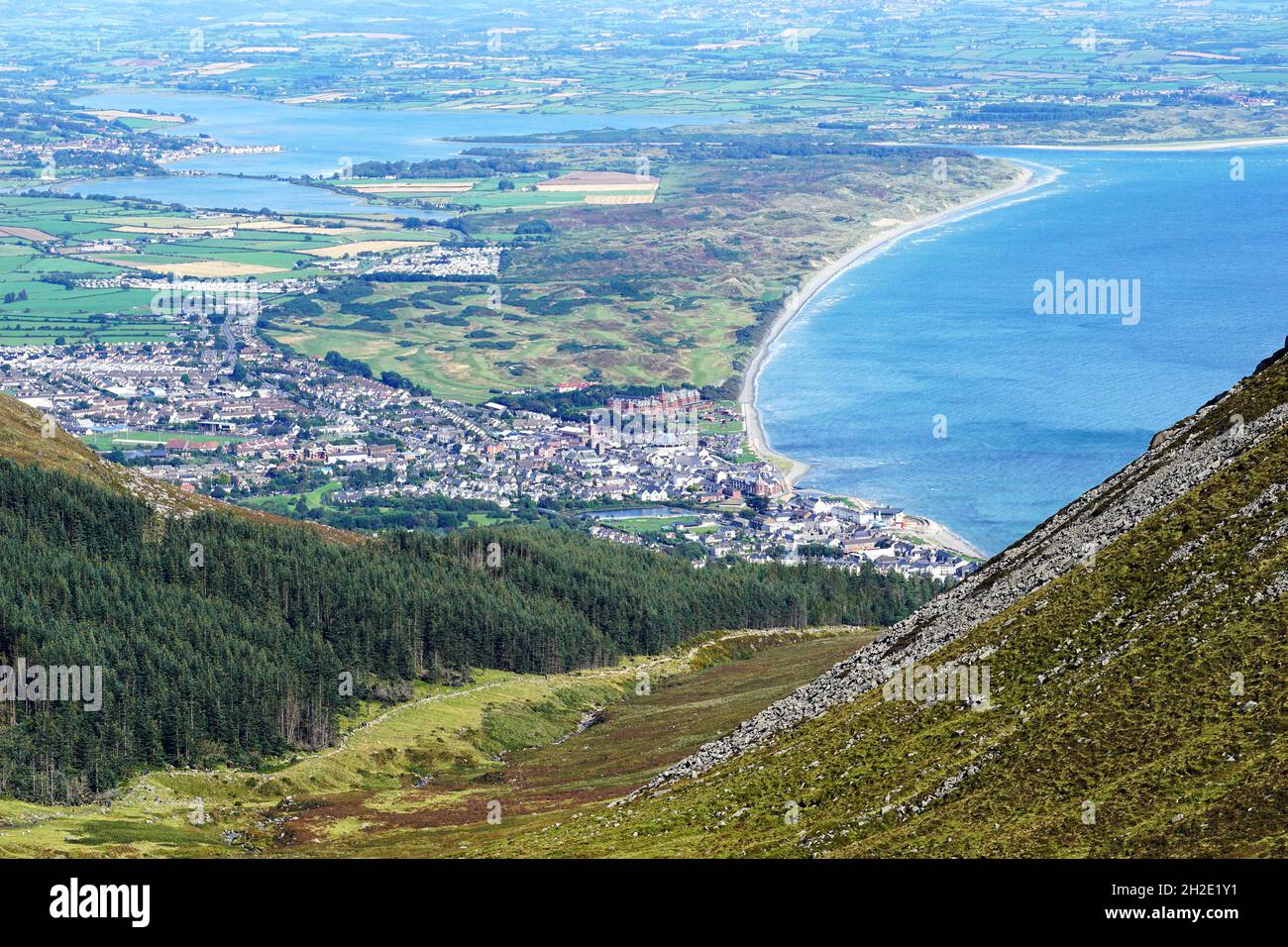 Aerial view of Newcastle from The Mourne Mountains. Newcastle is