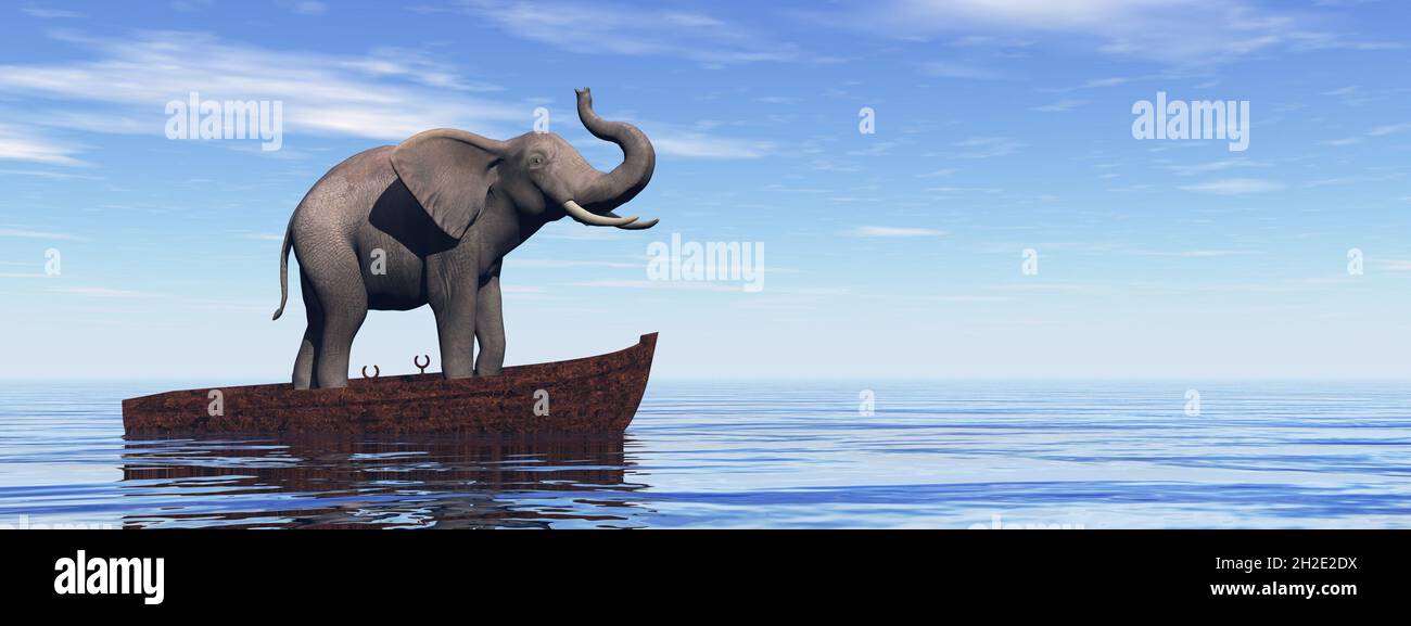 Elephant standing on a wooden boat - 3D render Stock Photo - Alamy