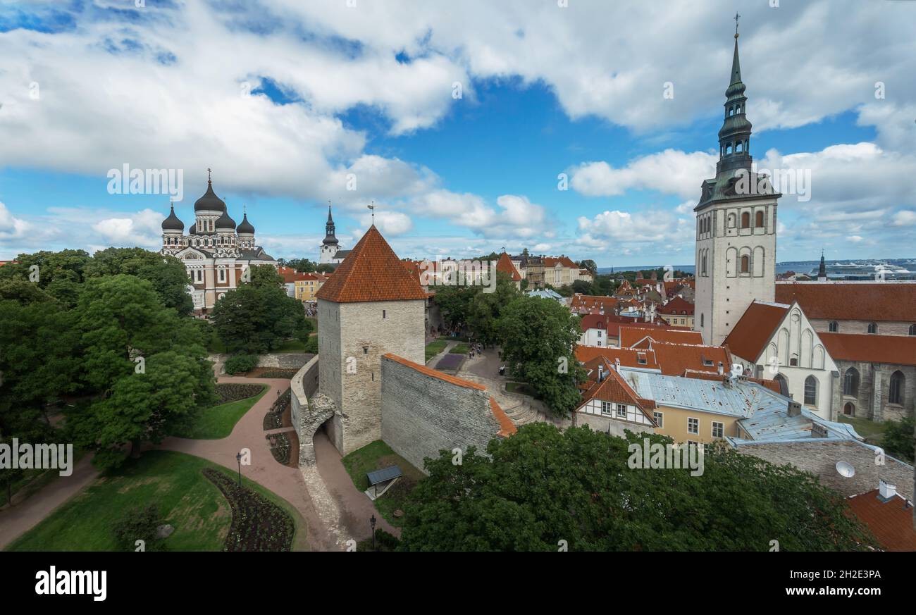 Panoramic aerial view of Tallinn with Alexander Nevsky Cathedral, Maiden Tower and St Nicholas Church - Tallinn, Estonia Stock Photo