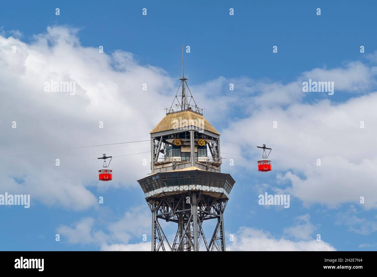 View of the cable car that goes up to the Montjuic mountain in ...