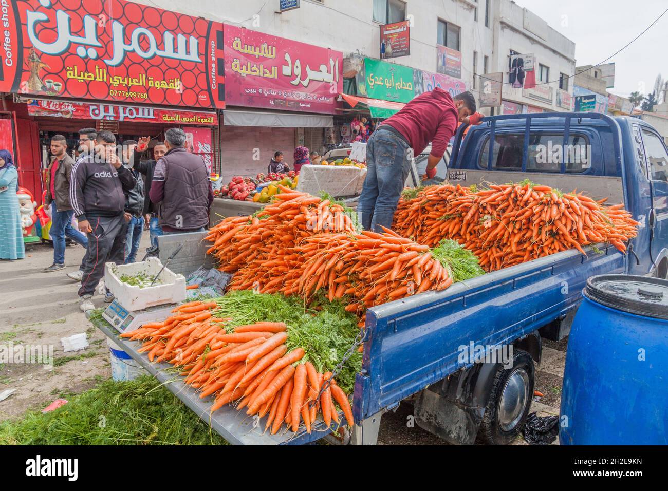 AJLOUN, JORDAN - MARCH 22, 2017: Carrot loaded truck at the market in Ajloun Stock Photo