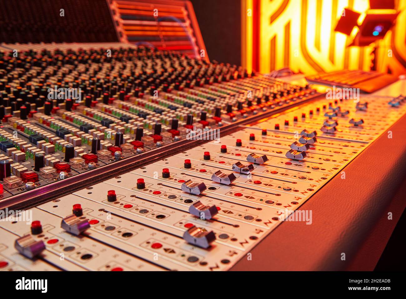 Sound recording studio mixing desk. Professional Equipment. Record