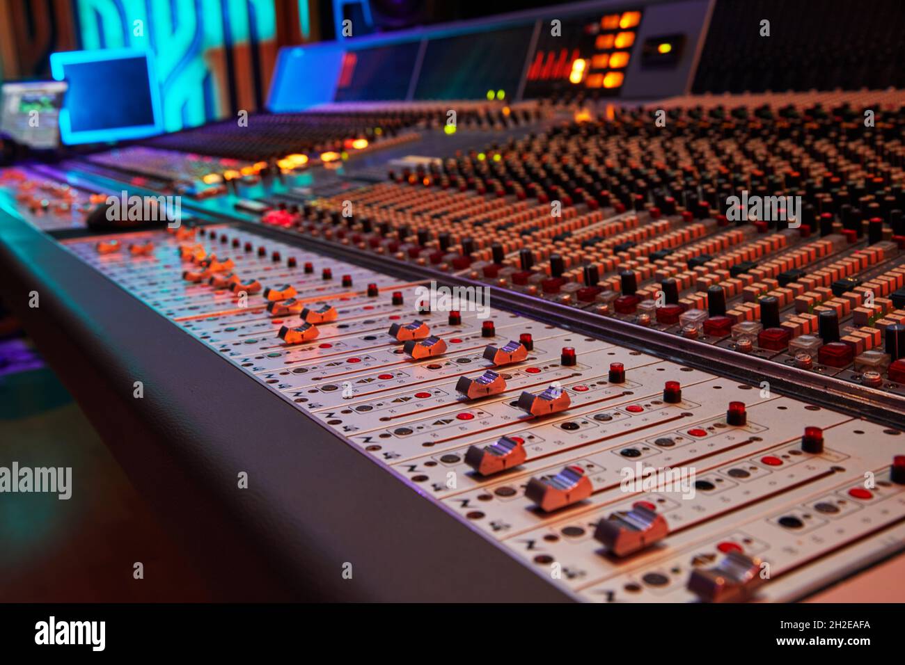 Sound recording studio mixing desk. Professional Equipment. Record