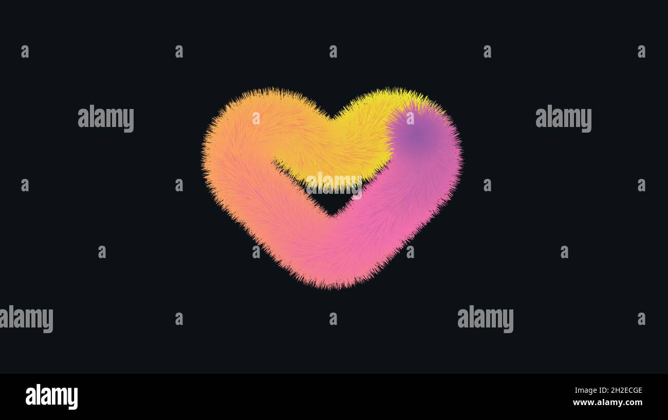 Colorful and furry heart on black isolated background. Shape consisting of yellow and pink colors. Vector art. illustrator eps 8 Stock Vector