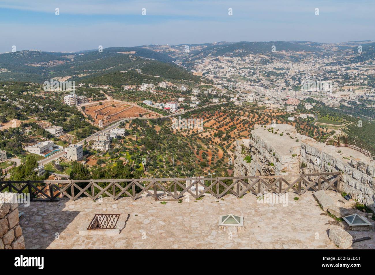 Aerial view of Ajloun town from Rabad castle, Jordan. Stock Photo