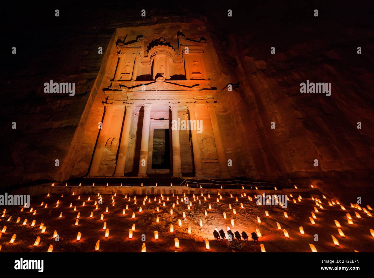 Candles in front of the Al Khazneh temple The Treasury in the ancient city Petra, Jordan Stock Photo