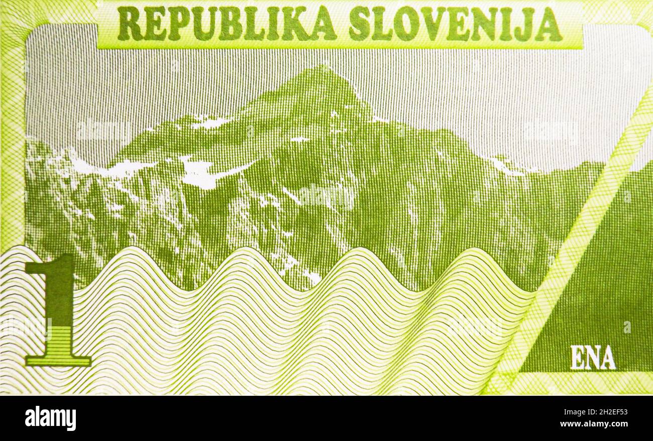 Tollar 1 Tolar banknote, Bank of Slovenia, closeup bill fragment shows Triglav ...