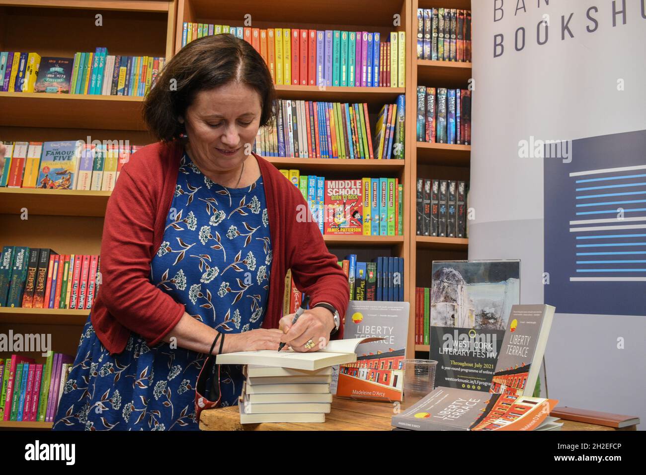Bantry, West Cork, Ireland. 21st October 2021. During Irish Novel Week at the Bantry Bookshop on the 21st of October, Madeleine D'Arcy discussed her new book Liberty Terrace with interviewee Tadhg Coakley. Credit: Karlis Dzjamko/Alamy Live News Stock Photo