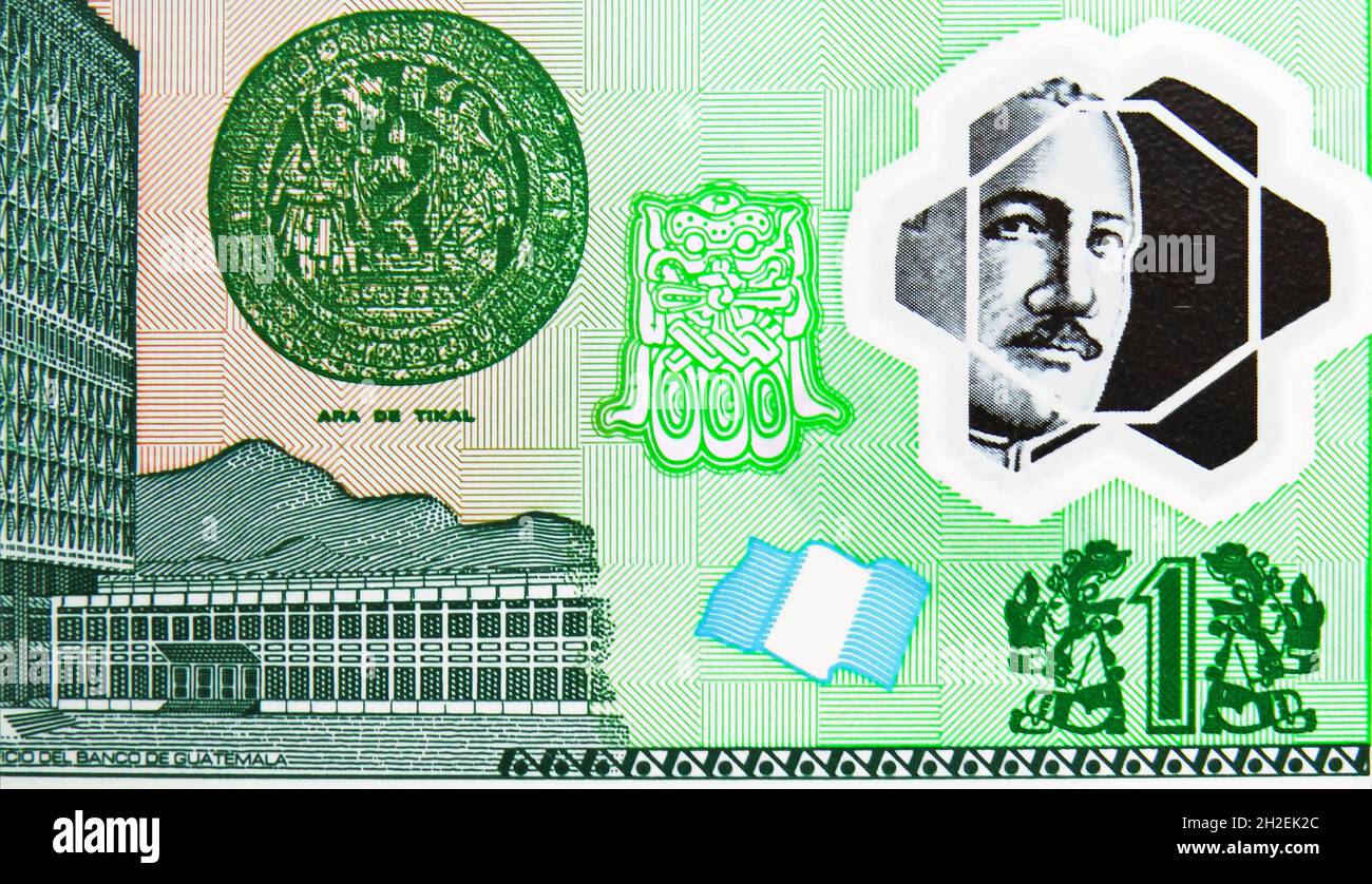 Quetrays Currency Note 1 Quetzal banknote, Bank of Guatemala, closeup bill fragment shows ...