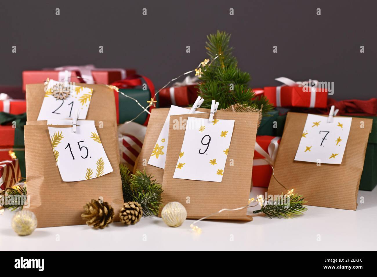 Homemade Advent calendar made from craft paper bags with handwritten