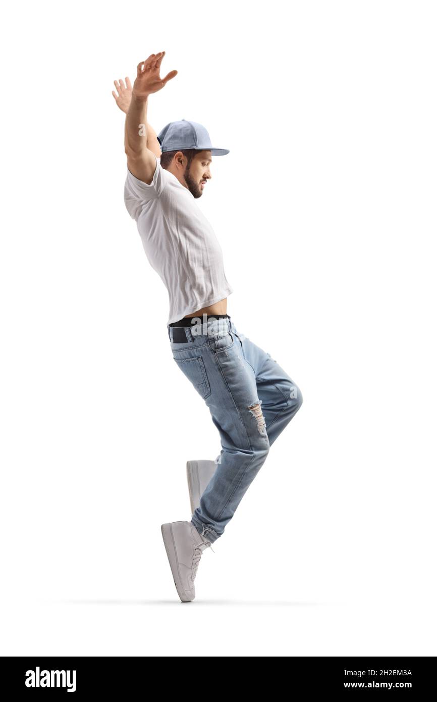 Guy performing street dance on tiptoes isolated on white background Stock Photo