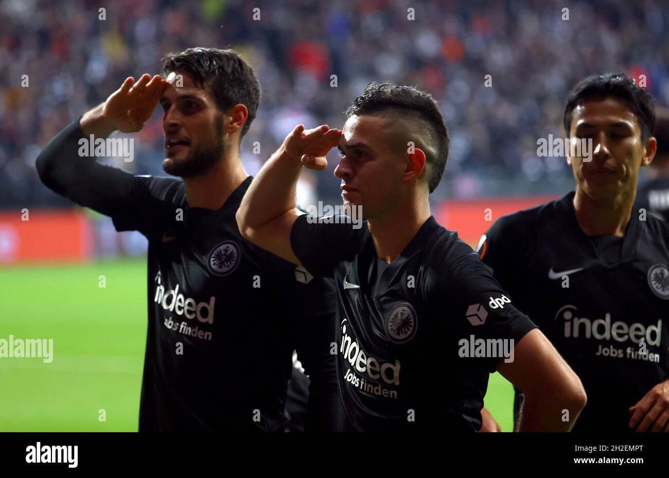 Soccer Football - Europa League - Group D - Eintracht Frankfurt v  Olympiacos - Deutsche Bank Park, Frankfurt, Germany - October 21, 2021  Eintracht Frankfurt's Rafael Santos Borre celebrates scoring their first