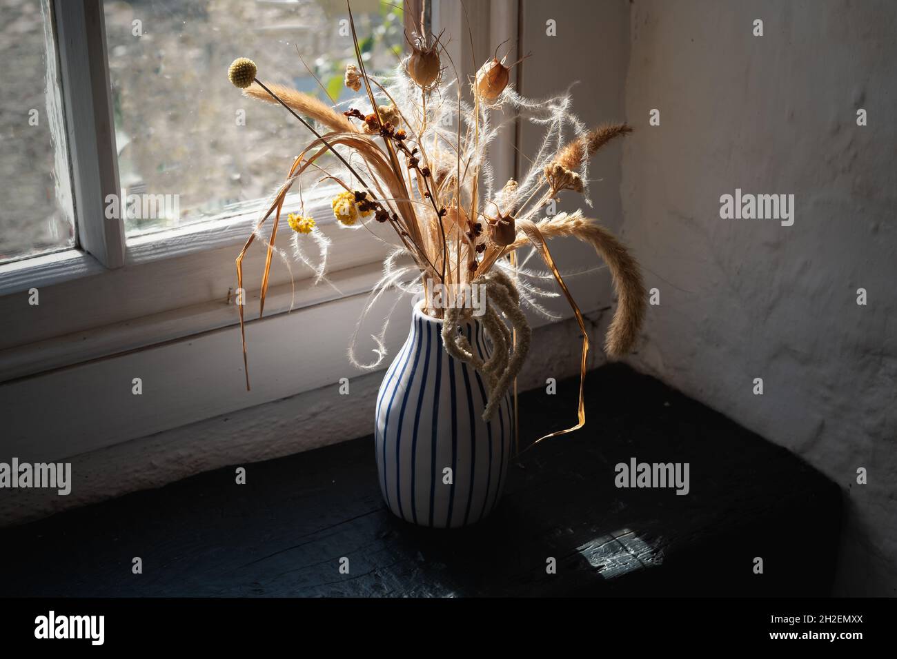 Display of dried grasses in a vase on a rustic window sill in natural light. Stock Photo